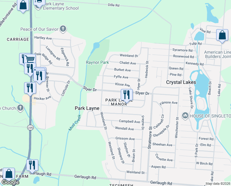 map of restaurants, bars, coffee shops, grocery stores, and more near 1233 Styer Drive in New Carlisle
