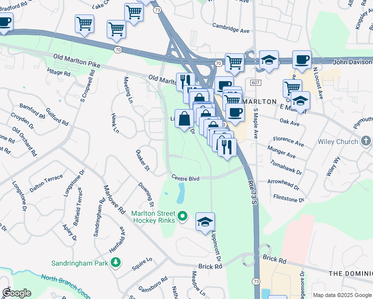 map of restaurants, bars, coffee shops, grocery stores, and more near 10 Tudor Court in Evesham