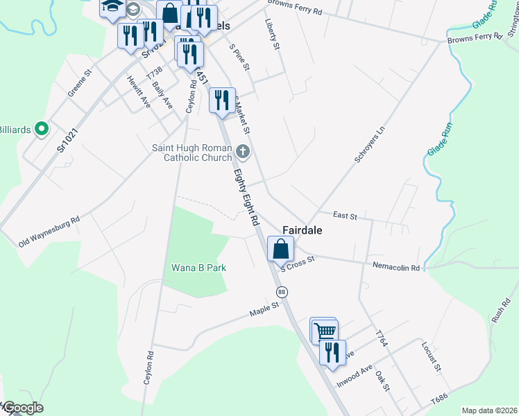 map of restaurants, bars, coffee shops, grocery stores, and more near 100 Nemacolin Road in Carmichaels