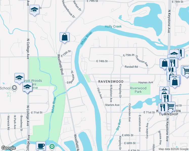 map of restaurants, bars, coffee shops, grocery stores, and more near 1401 Ruth Drive in Indianapolis