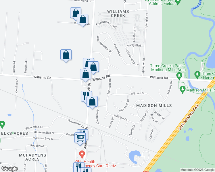 map of restaurants, bars, coffee shops, grocery stores, and more near 3881 Millstone Road in Columbus
