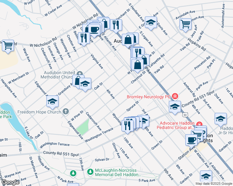 map of restaurants, bars, coffee shops, grocery stores, and more near 227 Chestnut Street in Audubon