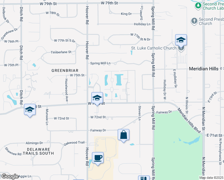 map of restaurants, bars, coffee shops, grocery stores, and more near 7351 Meridian Hills Court in Indianapolis