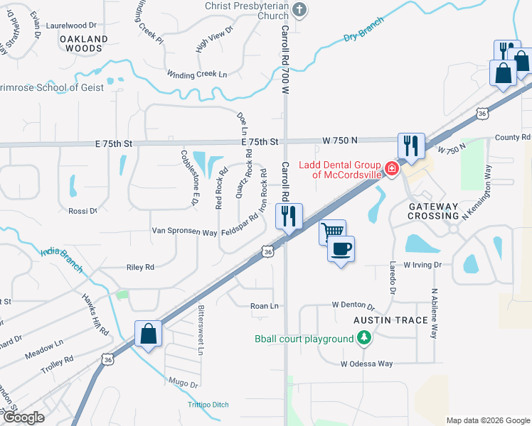 map of restaurants, bars, coffee shops, grocery stores, and more near 7317 Iron Rock Road in Indianapolis