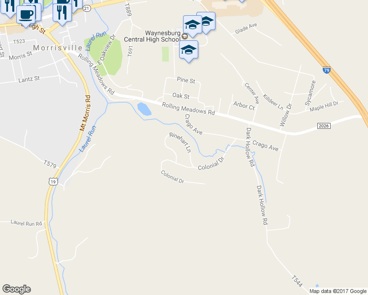 map of restaurants, bars, coffee shops, grocery stores, and more near 45 Rinehart Lane in Waynesburg
