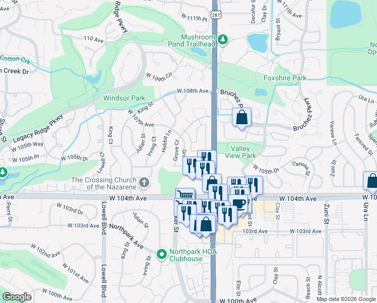 map of restaurants, bars, coffee shops, grocery stores, and more near 3082 West 107th Place in Westminster