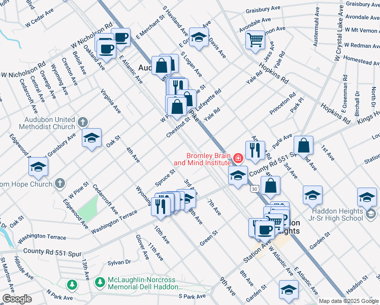 map of restaurants, bars, coffee shops, grocery stores, and more near 100 Spruce Street in Audubon
