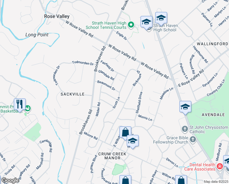 map of restaurants, bars, coffee shops, grocery stores, and more near 213 Beaumont Drive in Delaware County