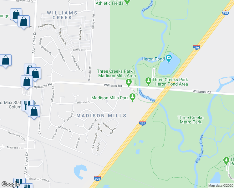 map of restaurants, bars, coffee shops, grocery stores, and more near 3919 Marsha Drive in Columbus