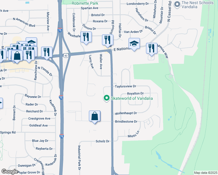 map of restaurants, bars, coffee shops, grocery stores, and more near in Vandalia