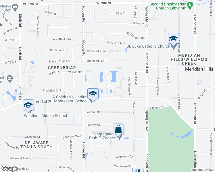 map of restaurants, bars, coffee shops, grocery stores, and more near 7351 Meridian Hills Court in Indianapolis