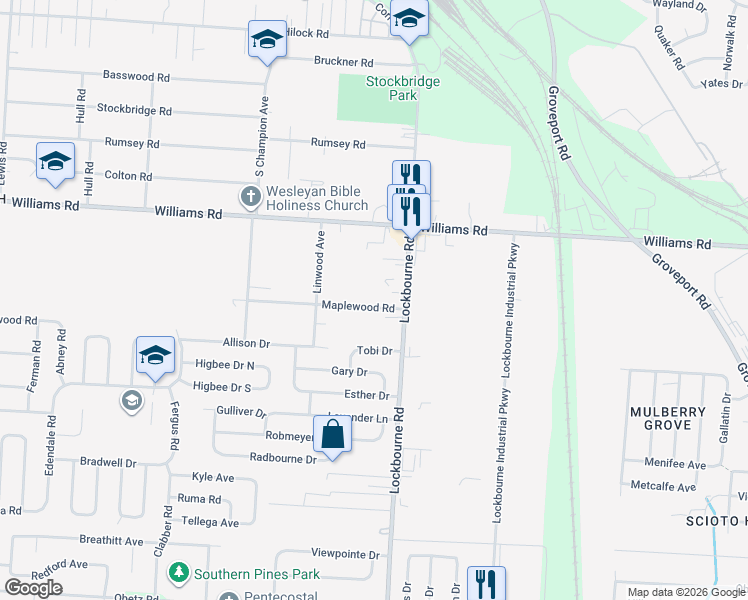 map of restaurants, bars, coffee shops, grocery stores, and more near 1122 Maplewood Road in Columbus