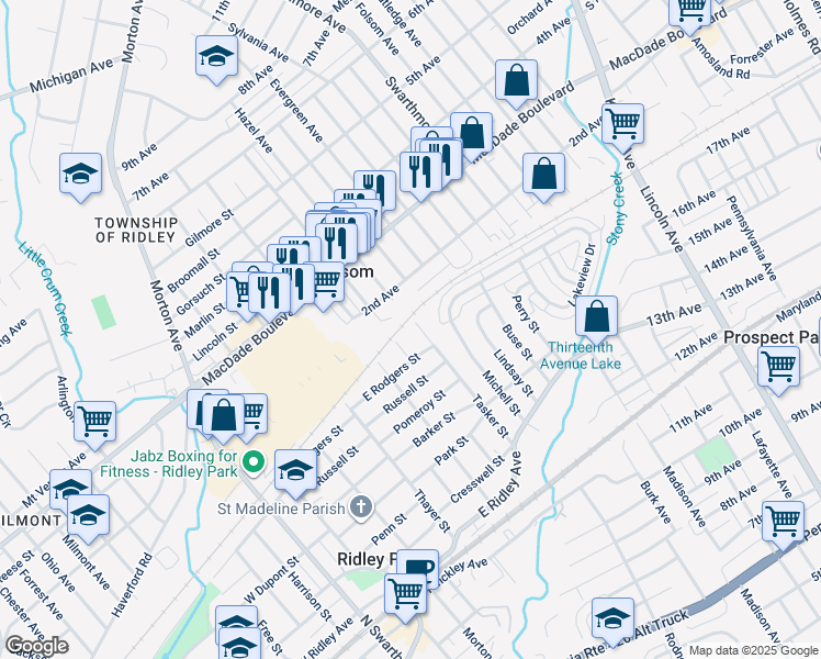 map of restaurants, bars, coffee shops, grocery stores, and more near 716 Tasker Street in Ridley Park
