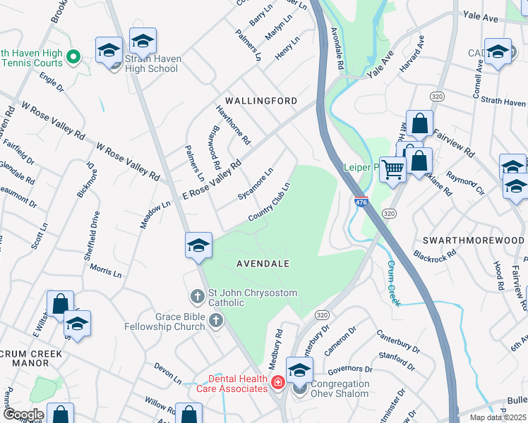 map of restaurants, bars, coffee shops, grocery stores, and more near 201 Country Club Lane in Nether Providence Township