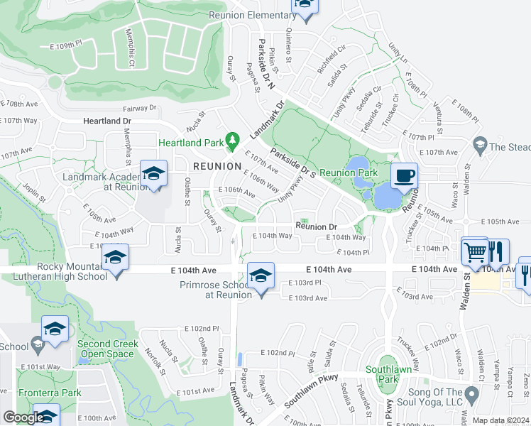 map of restaurants, bars, coffee shops, grocery stores, and more near 10576 Unity Parkway in Commerce City