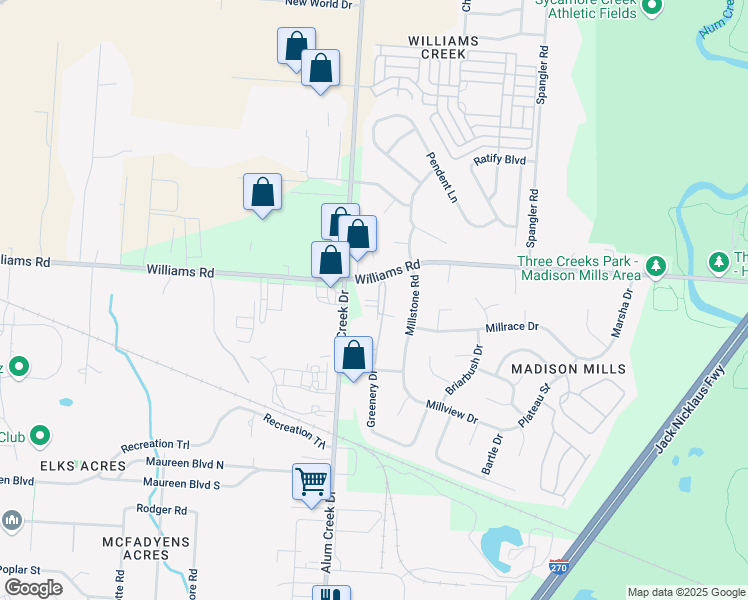 map of restaurants, bars, coffee shops, grocery stores, and more near 3813 Aires Brook Drive in Columbus