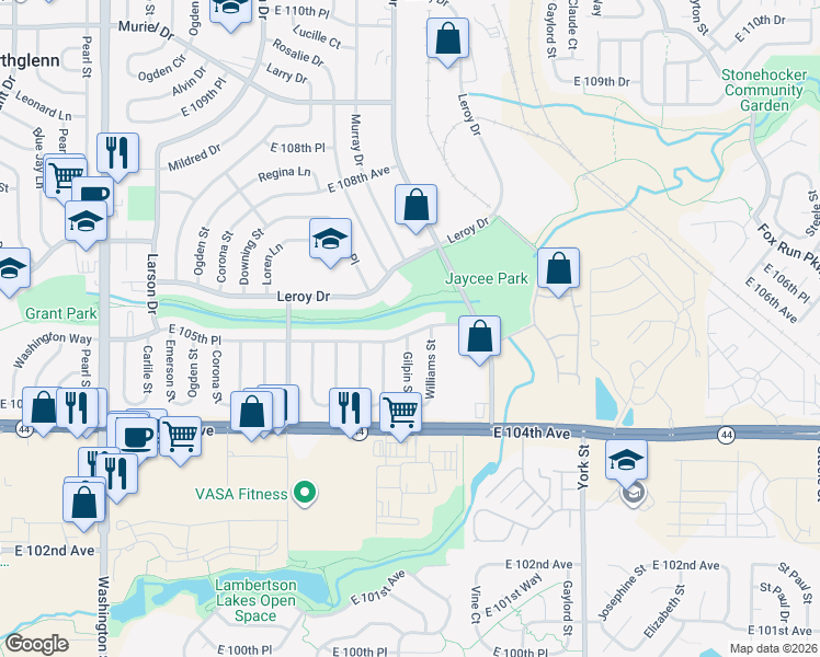 map of restaurants, bars, coffee shops, grocery stores, and more near 1687 East 105th Place in Northglenn