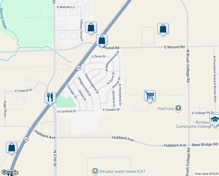 map of restaurants, bars, coffee shops, grocery stores, and more near 3431-3565 Plover Drive in Decatur