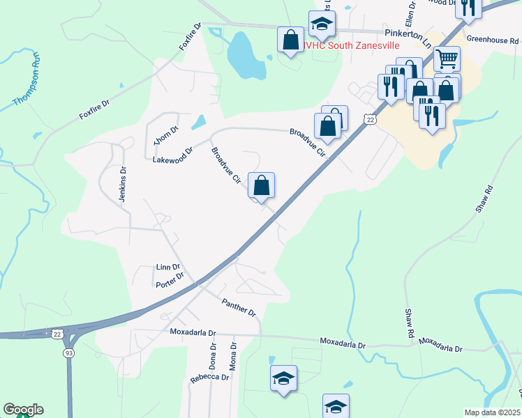 map of restaurants, bars, coffee shops, grocery stores, and more near 3271 Broadvue Circle in Zanesville