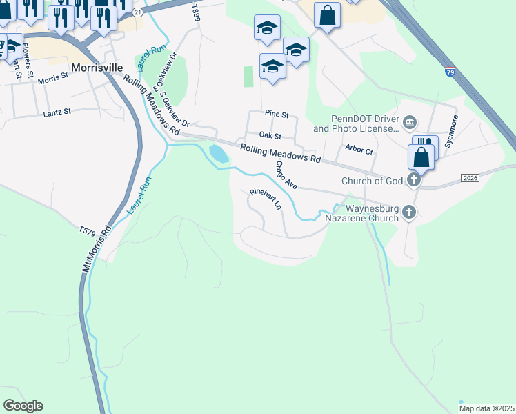 map of restaurants, bars, coffee shops, grocery stores, and more near 45 Rinehart Lane in Waynesburg