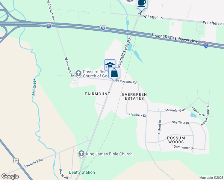 map of restaurants, bars, coffee shops, grocery stores, and more near 2634 Springfield Xenia Road in Springfield