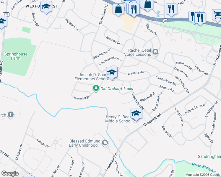 map of restaurants, bars, coffee shops, grocery stores, and more near 12 Scattergood Road in Cherry Hill