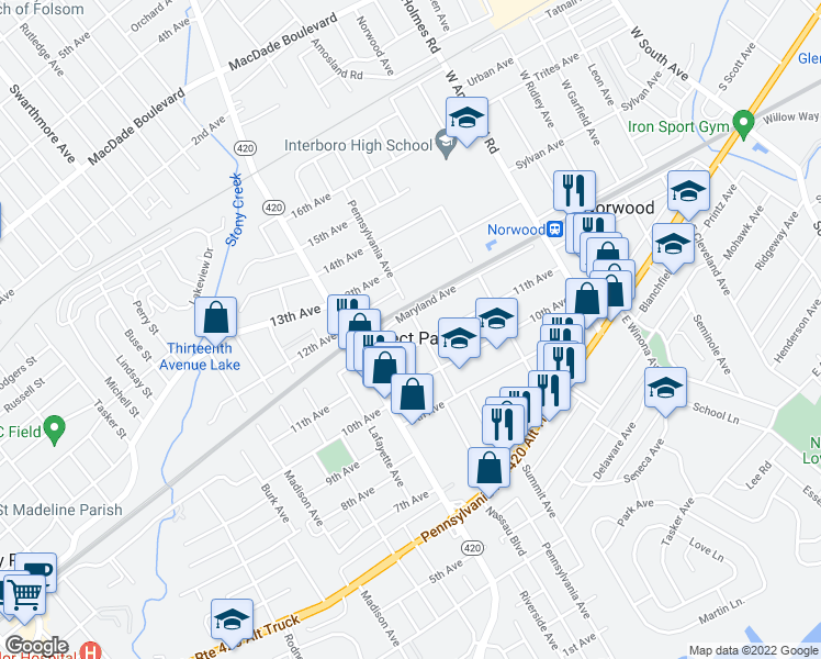 map of restaurants, bars, coffee shops, grocery stores, and more near 1112 Pennsylvania Avenue in Prospect Park