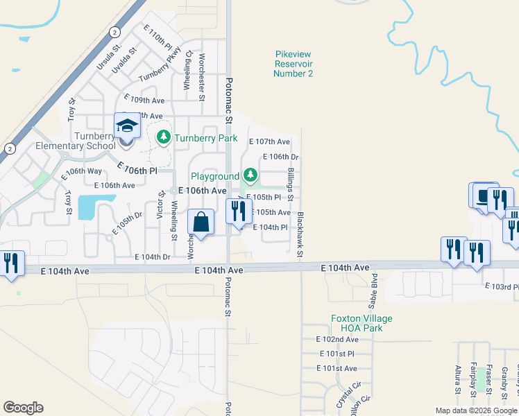 map of restaurants, bars, coffee shops, grocery stores, and more near 13895 East 105th Avenue in Commerce City