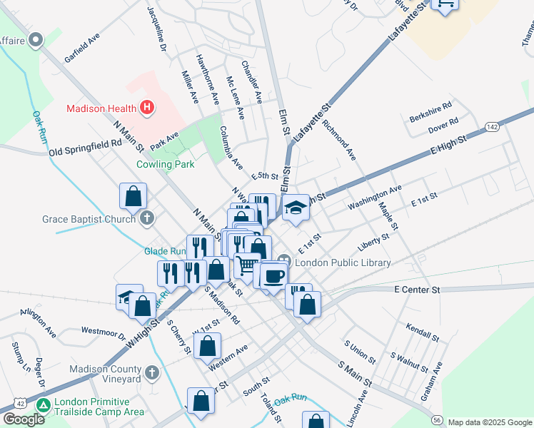 map of restaurants, bars, coffee shops, grocery stores, and more near 103 East High Street in London