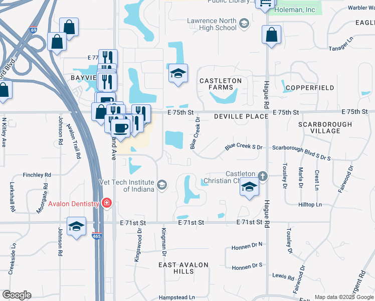 map of restaurants, bars, coffee shops, grocery stores, and more near 7360 Blue Creek West Drive in Indianapolis