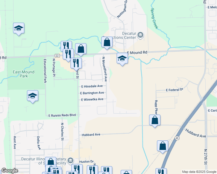 map of restaurants, bars, coffee shops, grocery stores, and more near 3654 North Moundford Avenue in Decatur