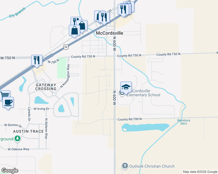 map of restaurants, bars, coffee shops, grocery stores, and more near 6105 West 750 North in McCordsville