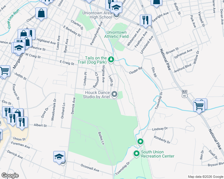 map of restaurants, bars, coffee shops, grocery stores, and more near 44 Leith Street in Uniontown