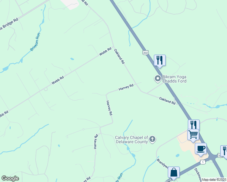 map of restaurants, bars, coffee shops, grocery stores, and more near 61 Harvey Road in West Chester