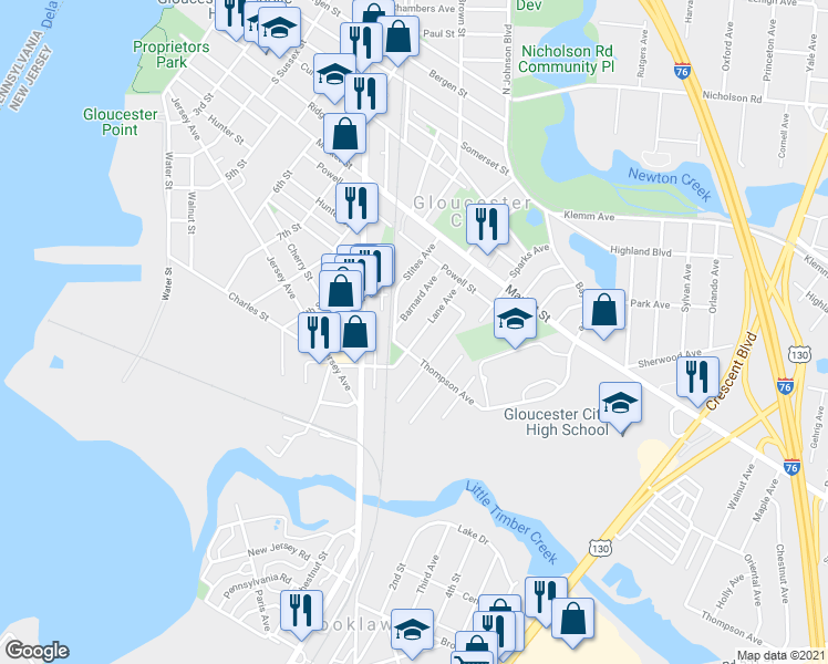 map of restaurants, bars, coffee shops, grocery stores, and more near 15 Lane Avenue in Gloucester City