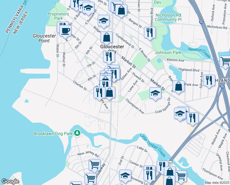 map of restaurants, bars, coffee shops, grocery stores, and more near 430 Broadway in Gloucester City