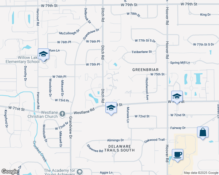 map of restaurants, bars, coffee shops, grocery stores, and more near 7400 Countrybrook Drive in Indianapolis