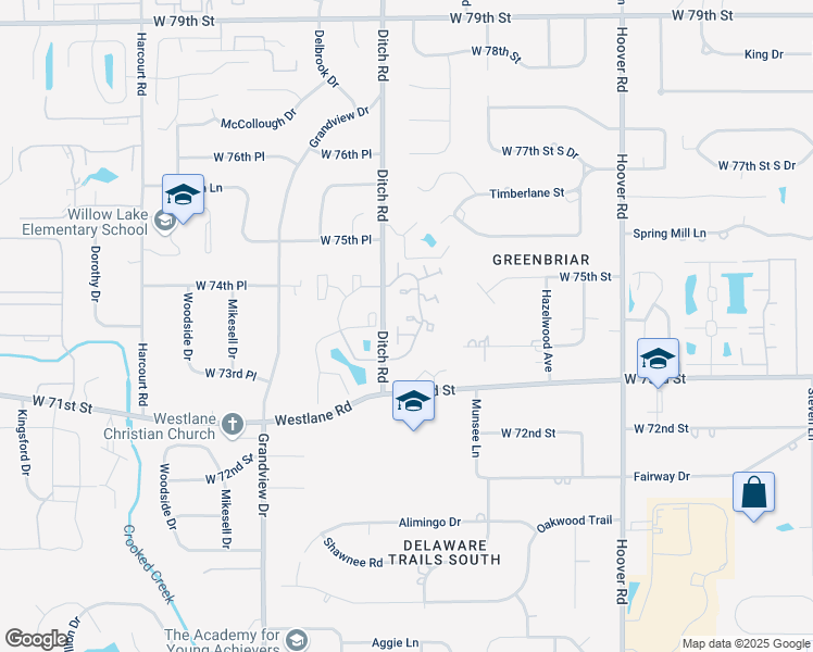 map of restaurants, bars, coffee shops, grocery stores, and more near 7400 Countrybrook Drive in Indianapolis