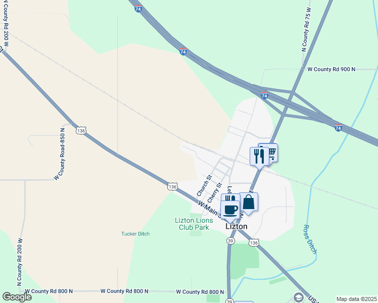 map of restaurants, bars, coffee shops, grocery stores, and more near 607 Kody Drive in Lizton