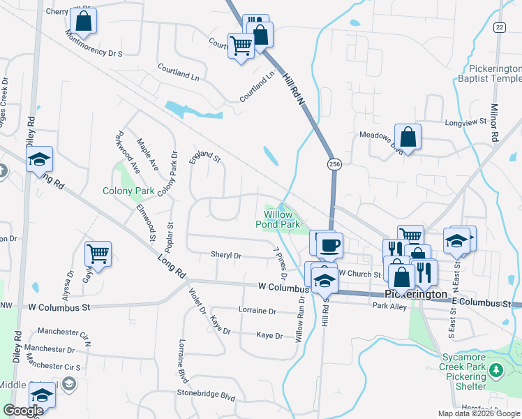 map of restaurants, bars, coffee shops, grocery stores, and more near 158 Steiger Court in Pickerington