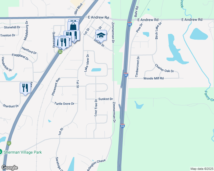 map of restaurants, bars, coffee shops, grocery stores, and more near 58 Ramblewood Lane in Sherman