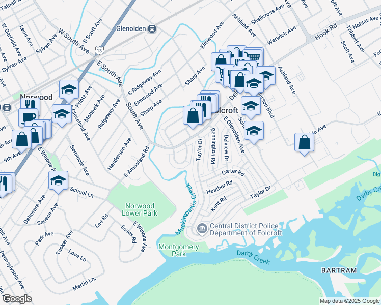 map of restaurants, bars, coffee shops, grocery stores, and more near 731 Windsor Circle in Folcroft