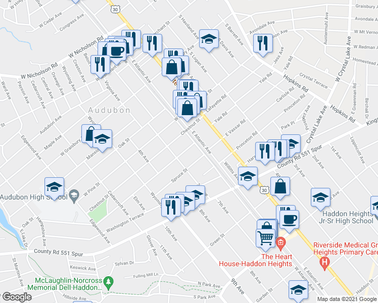 map of restaurants, bars, coffee shops, grocery stores, and more near 114 Walnut Street in Audubon