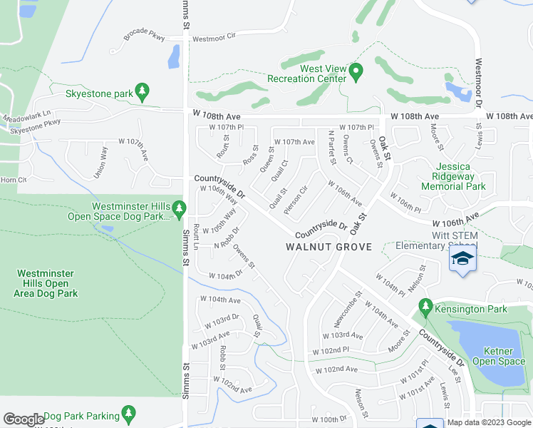 map of restaurants, bars, coffee shops, grocery stores, and more near Quail Street in Westminster