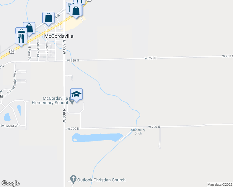 map of restaurants, bars, coffee shops, grocery stores, and more near 6087 West 750 North in McCordsville