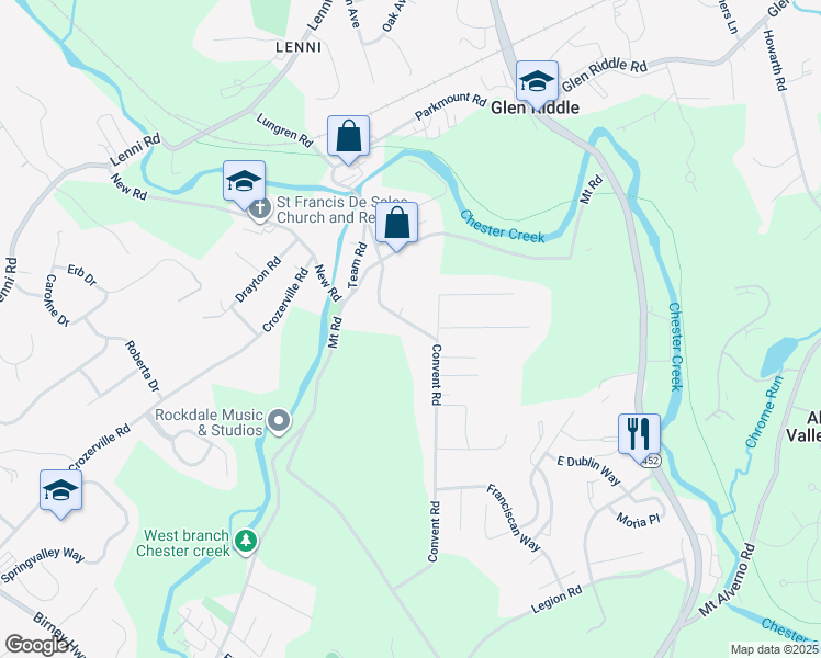 map of restaurants, bars, coffee shops, grocery stores, and more near 636 Convent Road in Delaware County