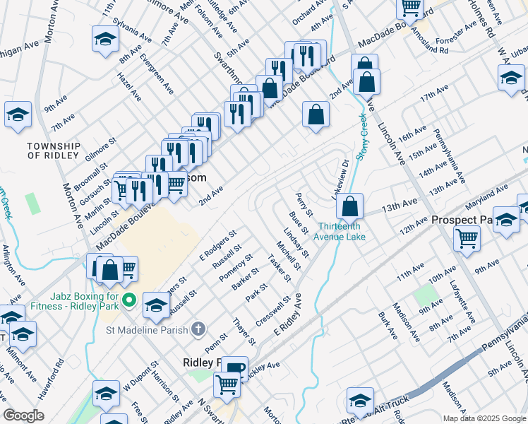 map of restaurants, bars, coffee shops, grocery stores, and more near 520 Michell Street in Ridley Park