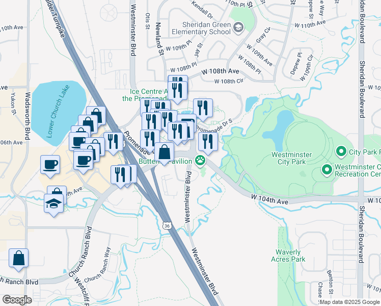 map of restaurants, bars, coffee shops, grocery stores, and more near 6550 West 104th Avenue in Westminster
