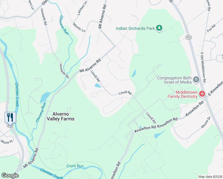 map of restaurants, bars, coffee shops, grocery stores, and more near 469 Linvill Road in Media