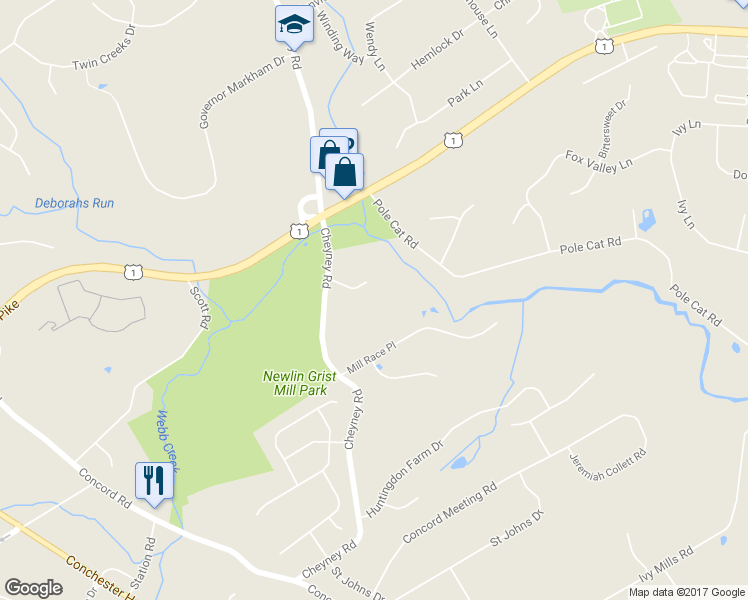 map of restaurants, bars, coffee shops, grocery stores, and more near 6 Samuel Hill Lane in Glen Mills